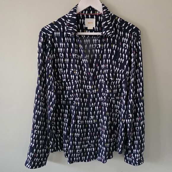 Anthropologie Maeve 10 Eclectic Bohemian Novelty Print Wynwood Bird Button Shirt - Picture 3 of 15